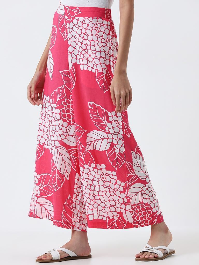 Utsa Pink Floral Design High-Rise Palazzos