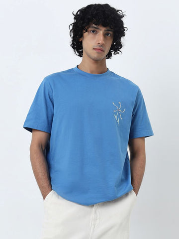 Nuon Blue Text Design Relaxed-Fit Cotton T-Shirt