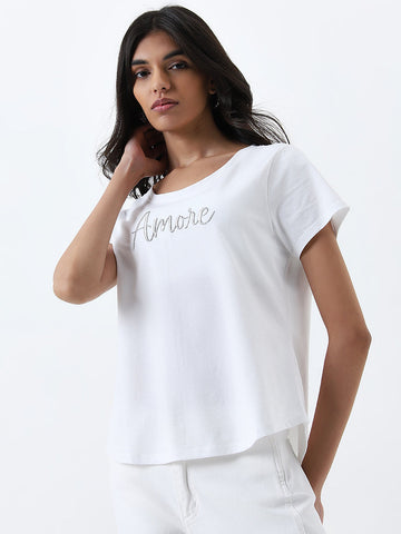 LOV White Text Printed Cotton T-Shirt