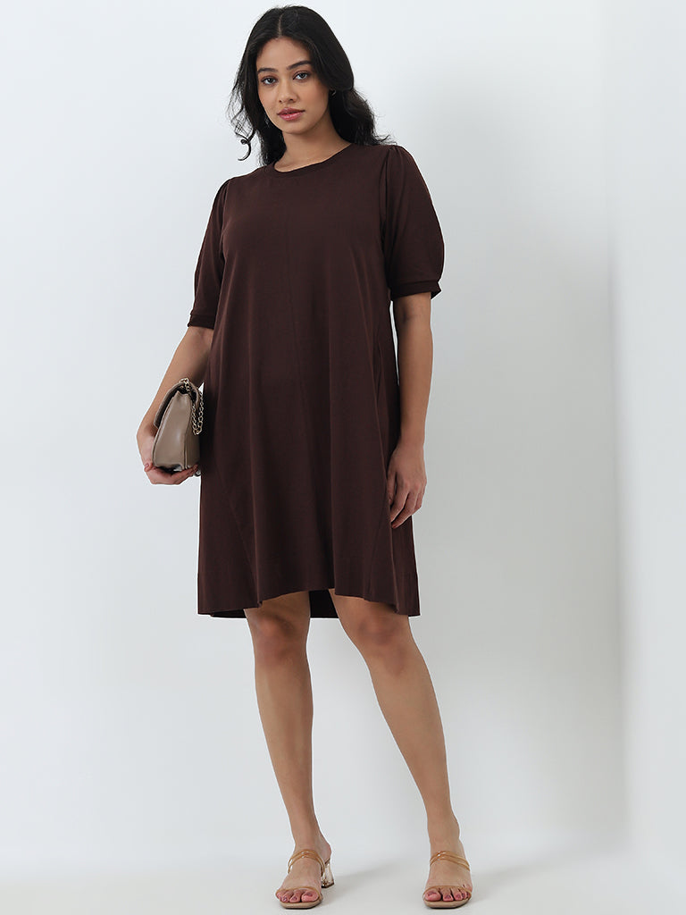 Gia Dark Brown Solid A-Line Dress