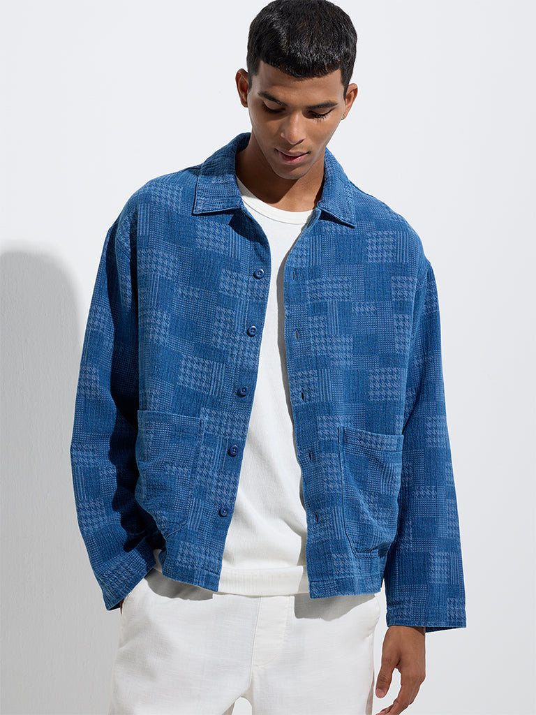 ETA Indigo Houndstooth Checkered Relaxed-Fit Cotton Shirt
