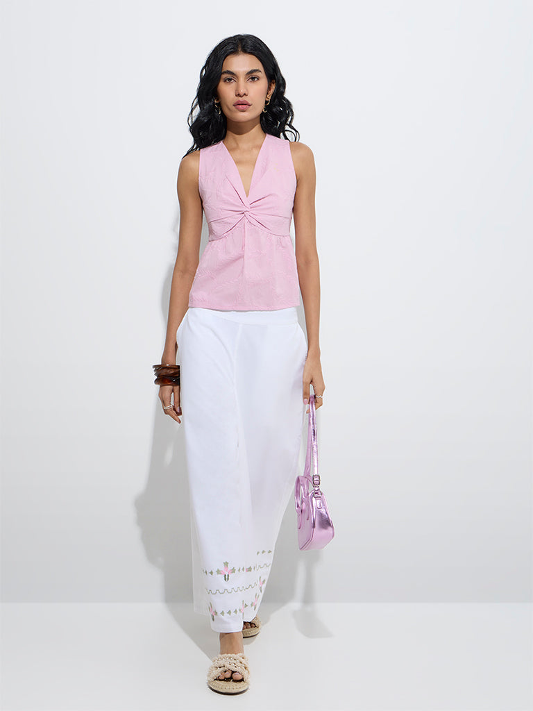 Bombay Paisley White Embroidered Cotton-Blend Palazzos