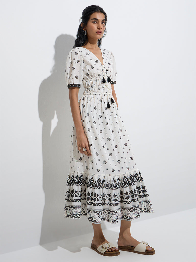 Bombay Paisley White Floral Design Cotton Tiered Dress