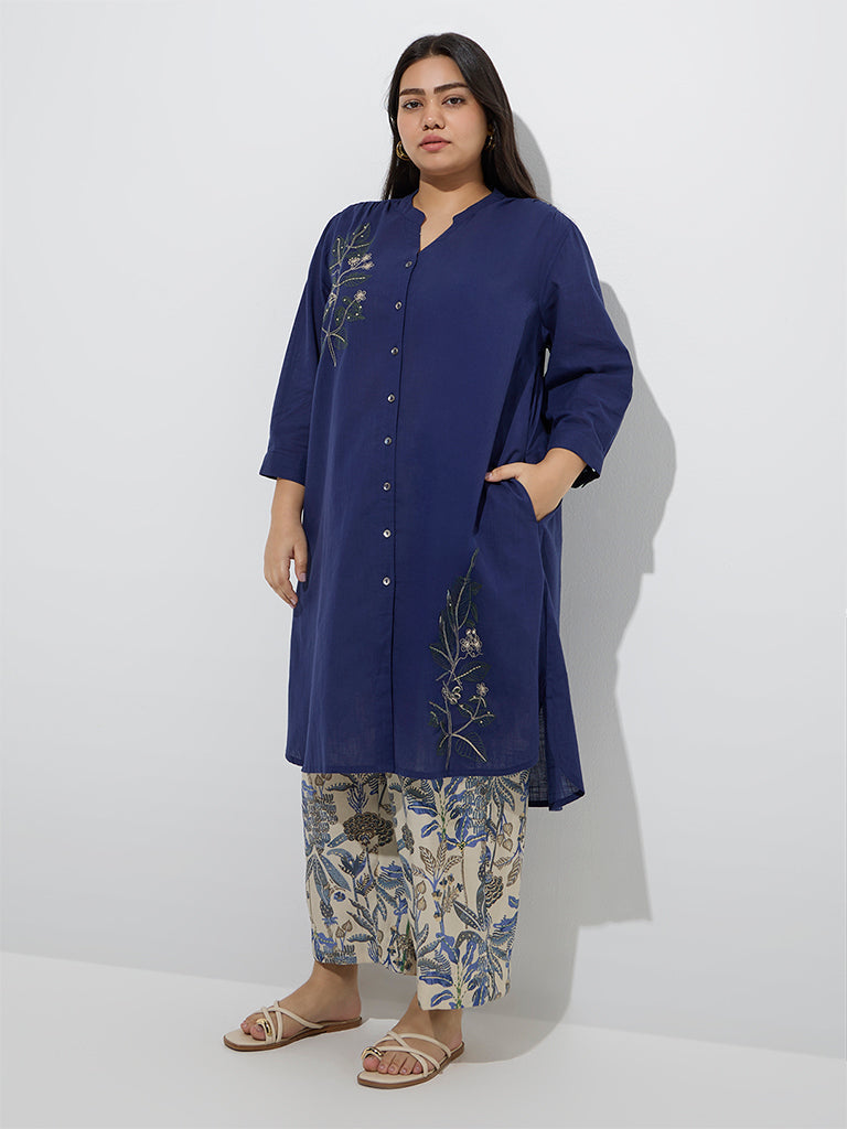 Diza Navy Embroidered Cotton Straight Kurta