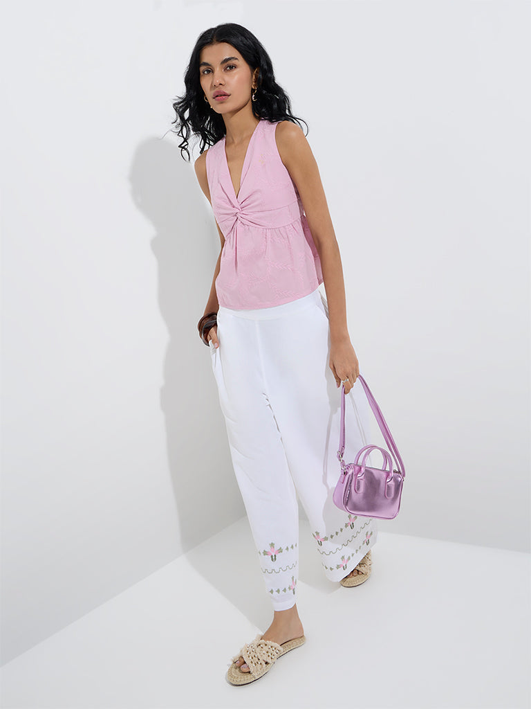 Bombay Paisley Pink Embroidered Ruched Cotton Top