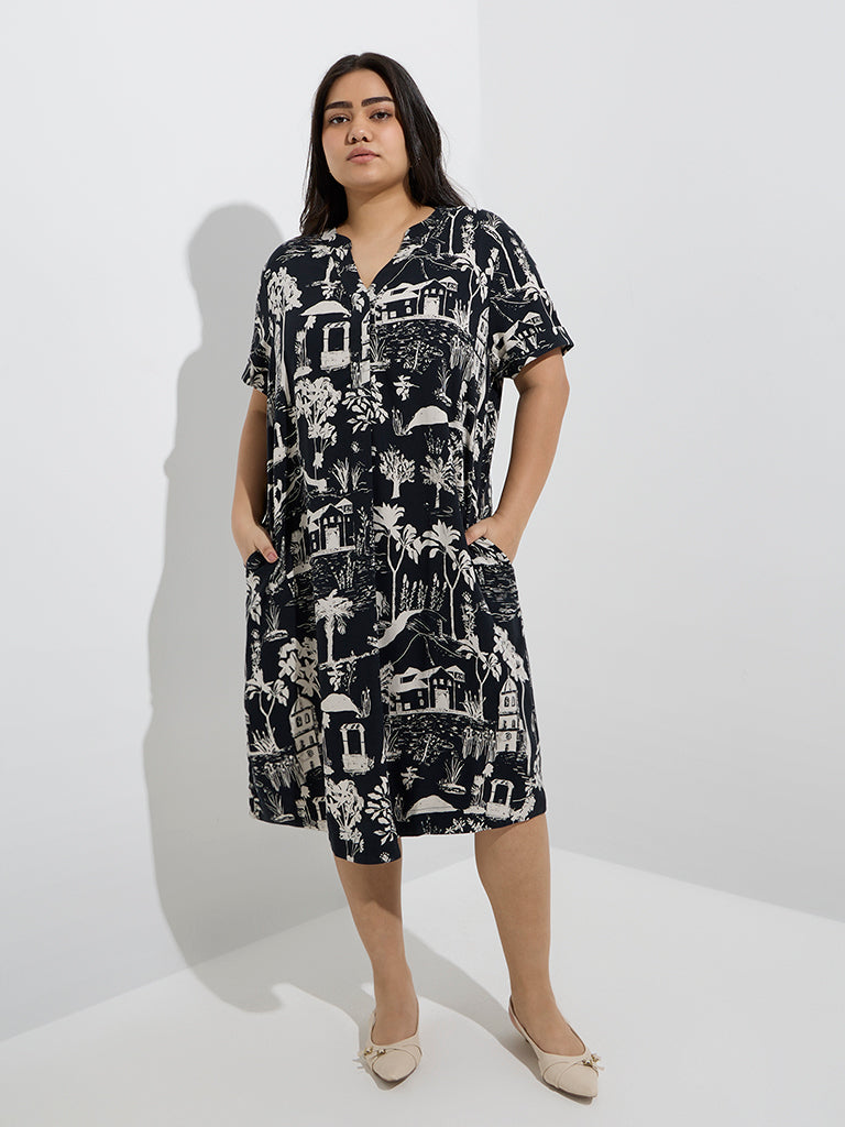 Gia Black Scenic-Inspired Cotton Straight Dress
