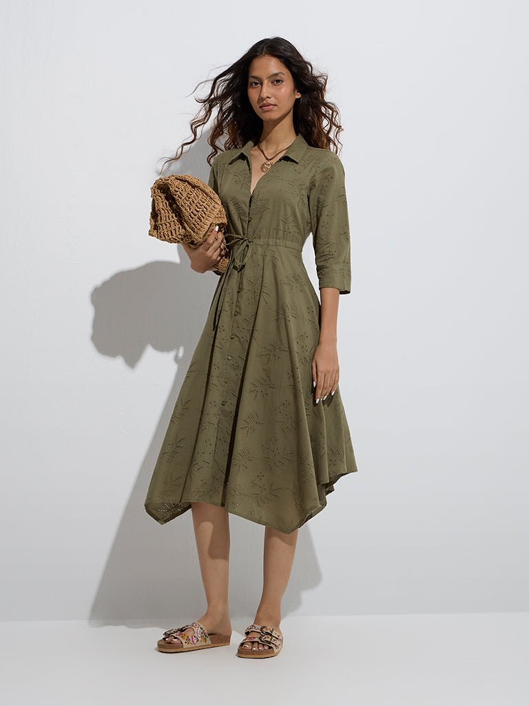 Bombay Paisley Olive Schiffli Design Cotton Shirt Dress