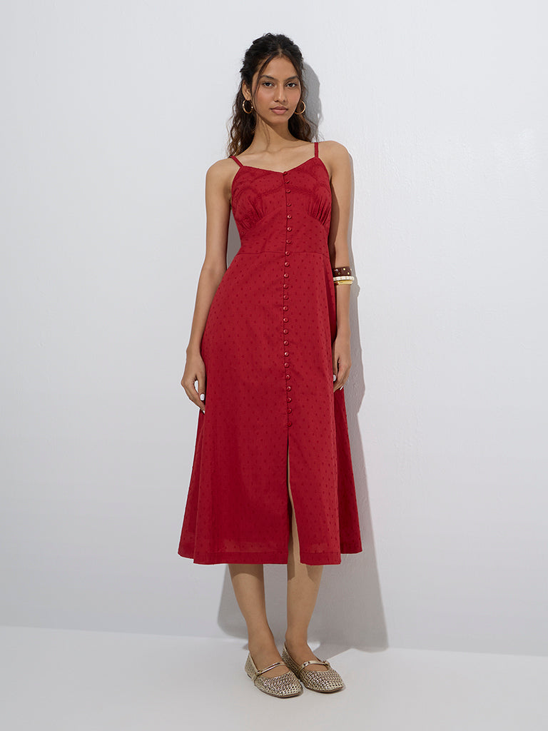 Bombay Paisley Red Swiss-Dot Design Cotton A-Line Dress