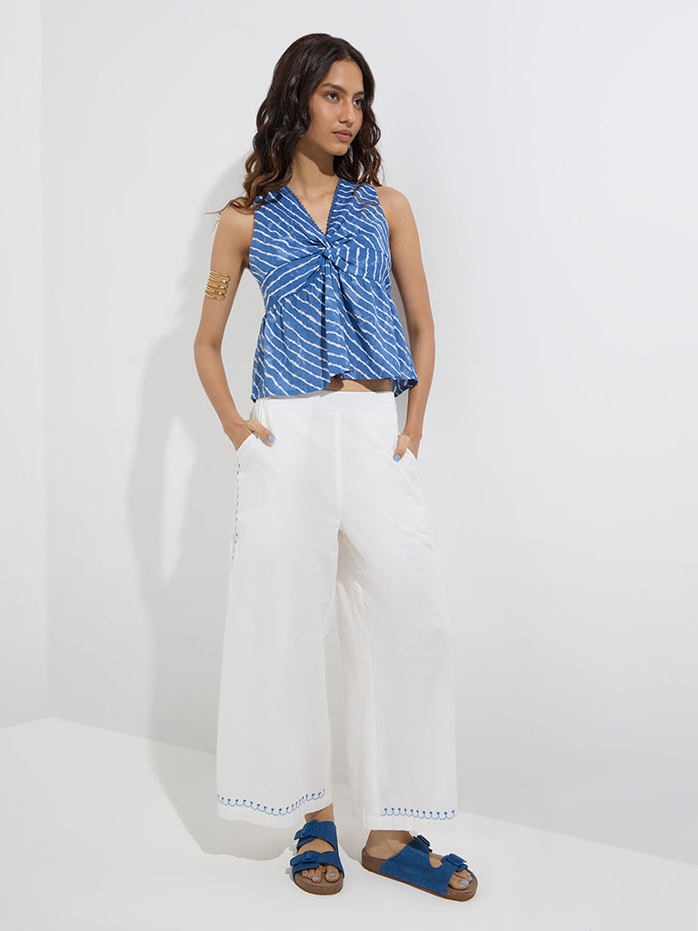 Bombay Paisley Blue Stripes Printed Ruched Cotton Top