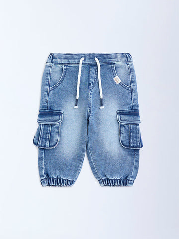 HOP Baby Blue Faded Mid-Rise Denim Joggers