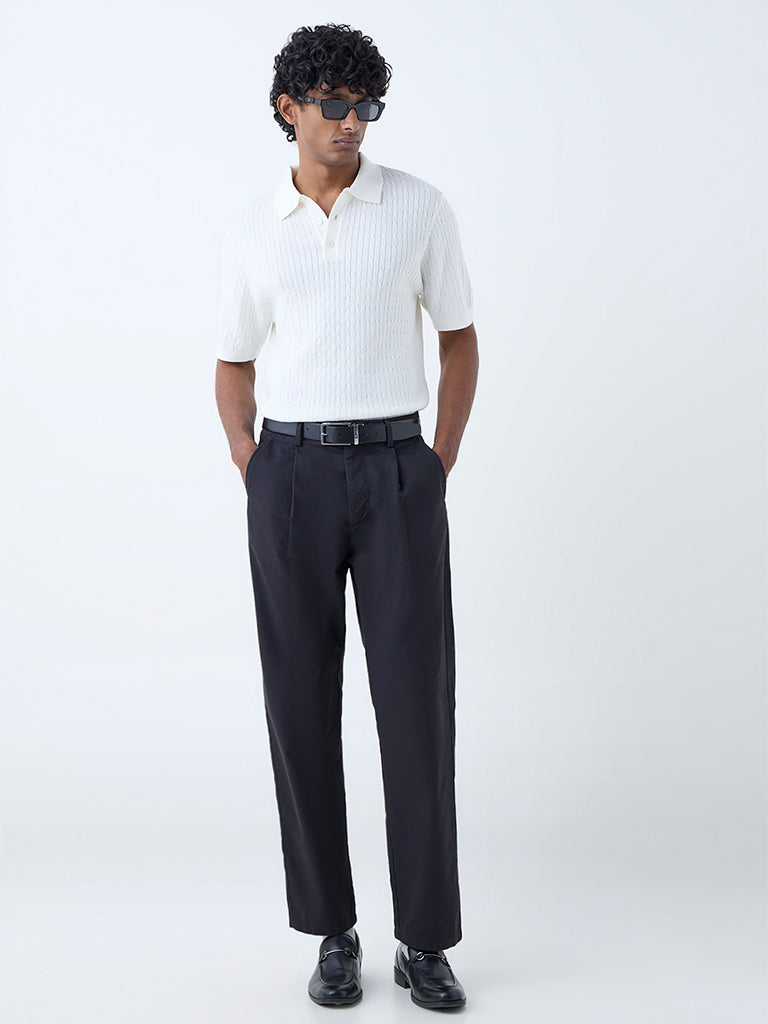 Ascot Black Relaxed-Fit Mid-Rise Cotton-Blend Trousers
