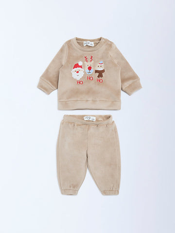 HOP Baby Beige Christmas-Themed Sweatshirt and Pants Set