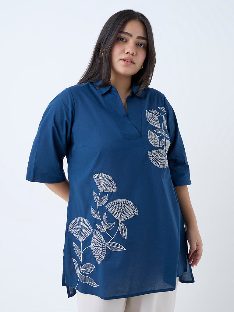 Diza Navy Embroidered Cotton Tunic