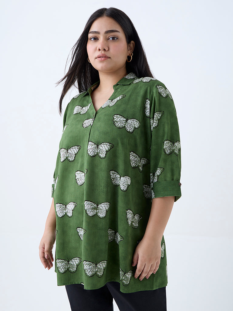 Diza Green Butterfly Printed Ethnic Tunic