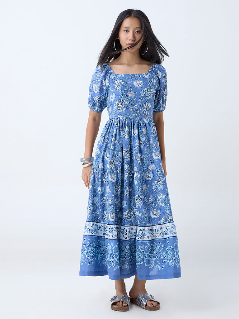 Bombay Paisley Blue Floral Pattern Cotton A-Line Dress