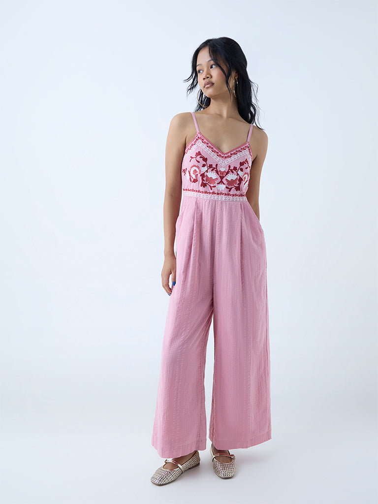Bombay Paisley Pink Floral Embroidered Cotton Jumpsuit