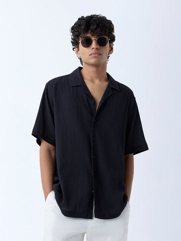 ETA Black Crinkle-Texture Relaxed-Fit Cotton Shirt