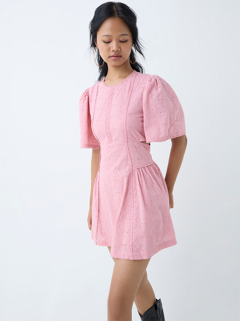 Bombay Paisley Pink Floral Embroidered Cotton A-Line Dress
