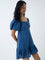 Bombay Paisley Indigo Embroidered Cotton A-Line Dress