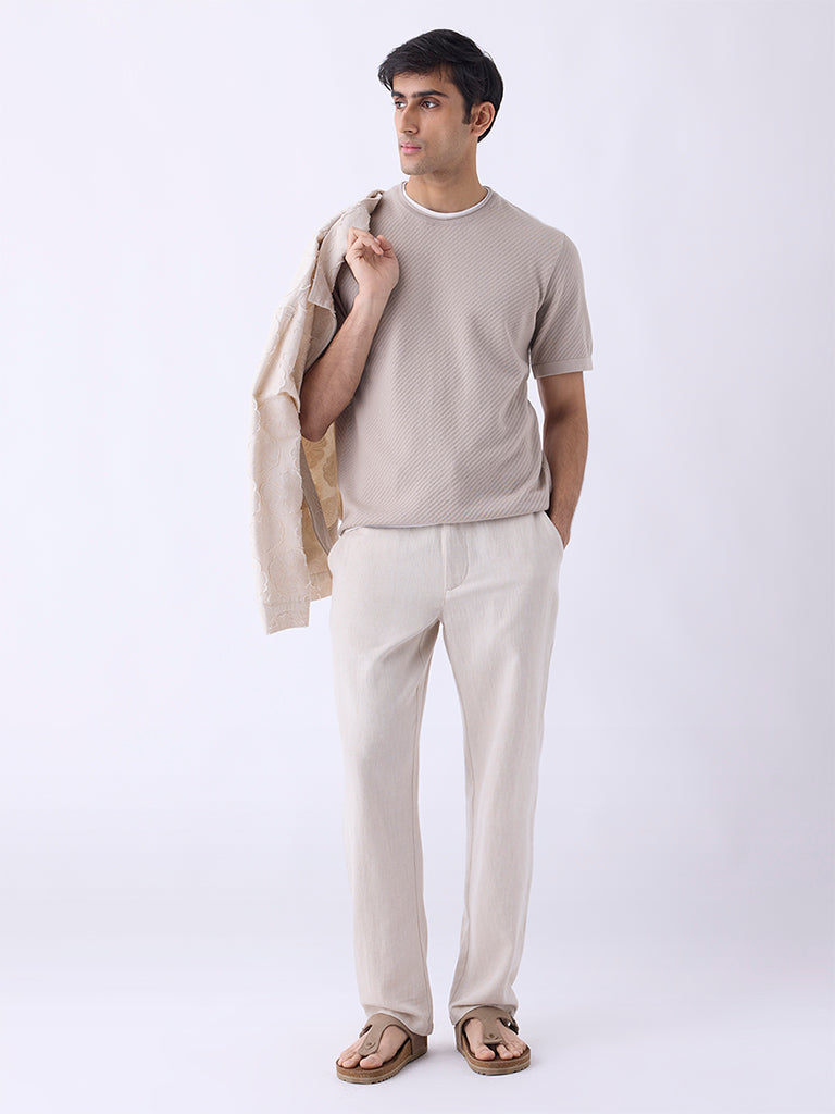 ETA Beige Woven-Textured Relaxed-Fit Cotton T-Shirt