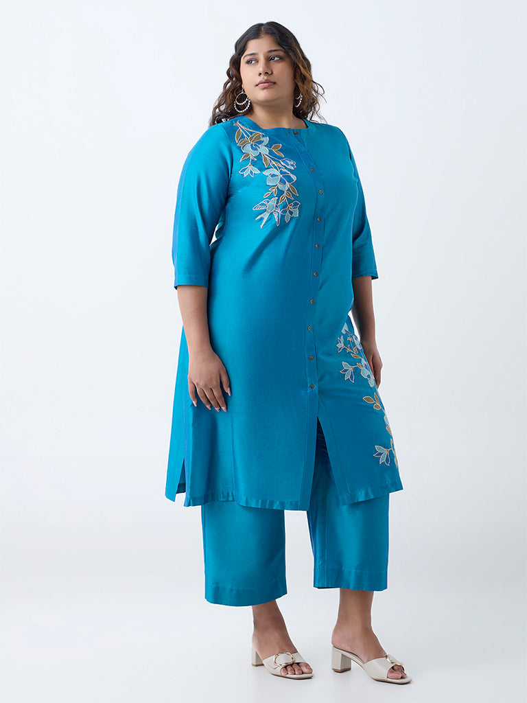 Diza Teal Floral Embroidered A-Line Kurta