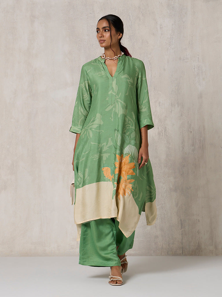 Floral Printed Green A-Line Kurta