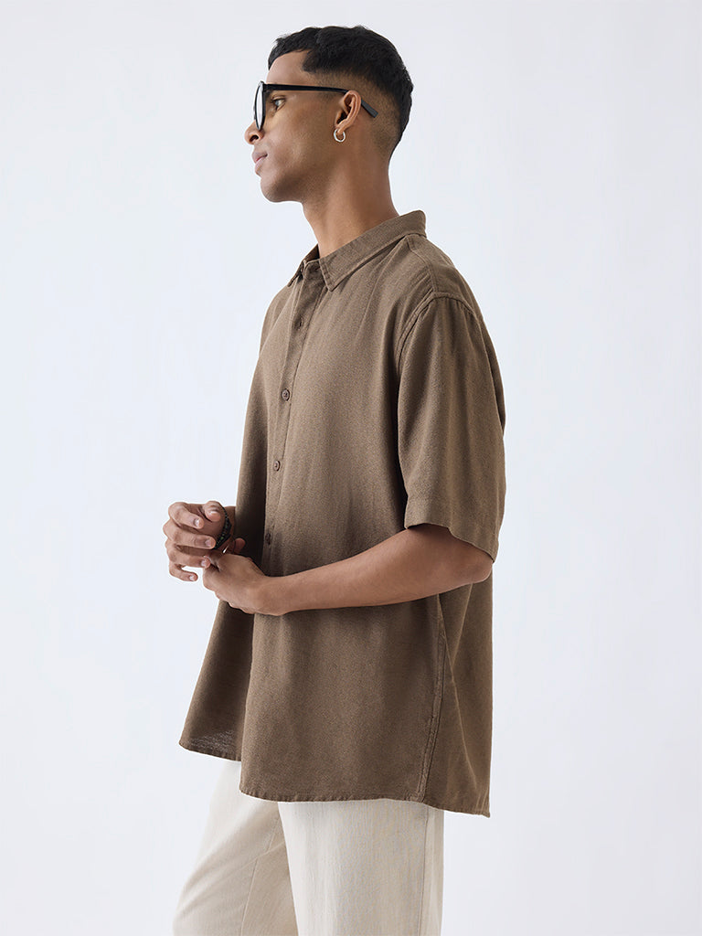 ETA Brown Solid Relaxed-Fit Cotton-Blend Shirt