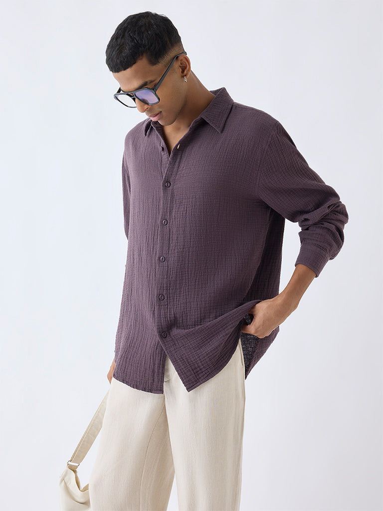 ETA Purple Crinkle-Textured Relaxed-Fit Cotton Shirt