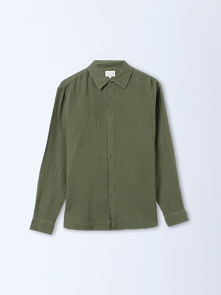 ETA Olive Crinkle-Textured Relaxed-Fit Cotton Shirt