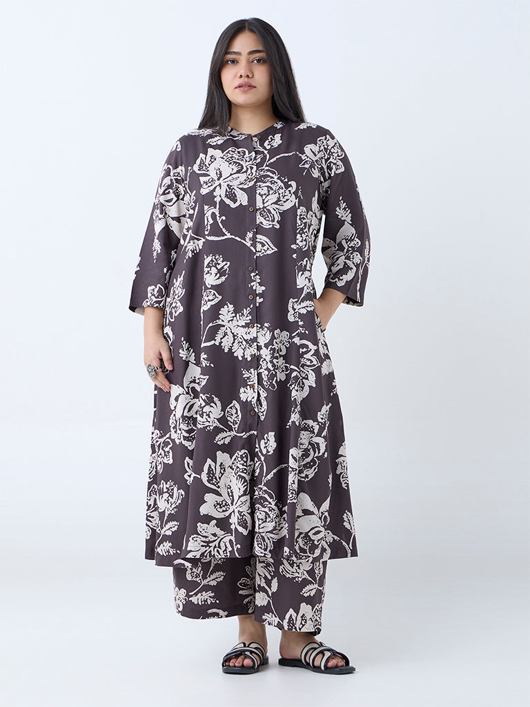 Diza Dark Brown Floral Pattern A-Line Kurta