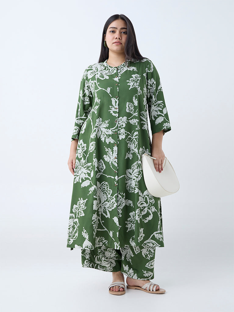 Diza Green Floral Design A-Line Kurta