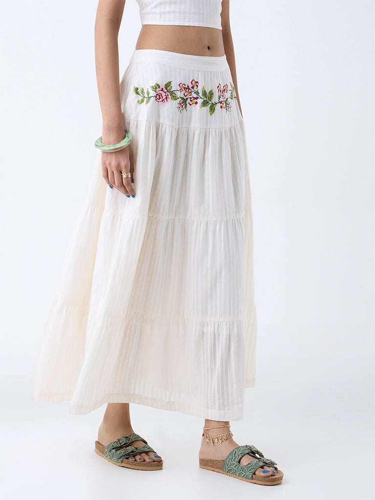 Bombay Paisley Off-White Embroidered Tiered Cotton Skirt