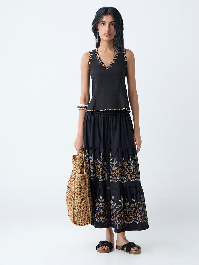 Bombay Paisley Black Floral Embroidered Cotton-Blend Top