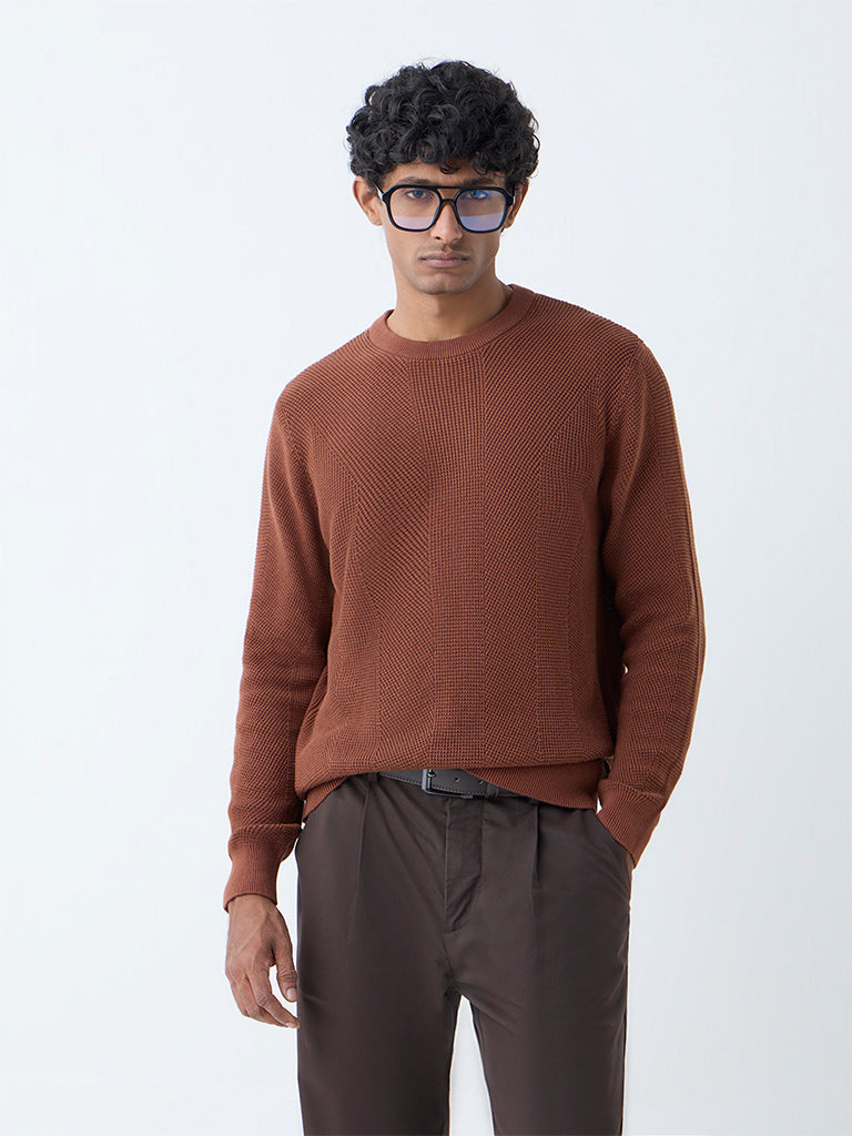 Ascot Brown Knit-Textured Relaxed-Fit Cotton Sweater