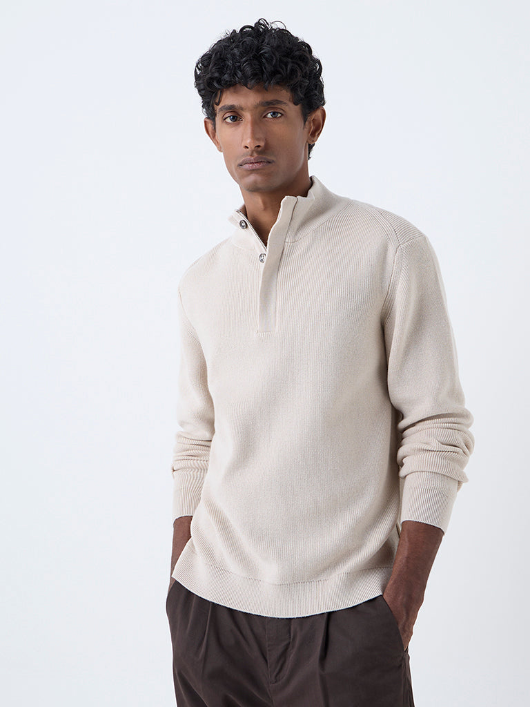 Ascot Beige Ribbed-Textured Relaxed-Fit Sweater