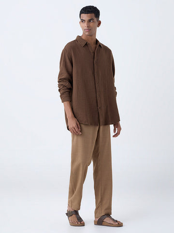 ETA Brown Crinkle-Textured Relaxed-Fit Cotton Shirt