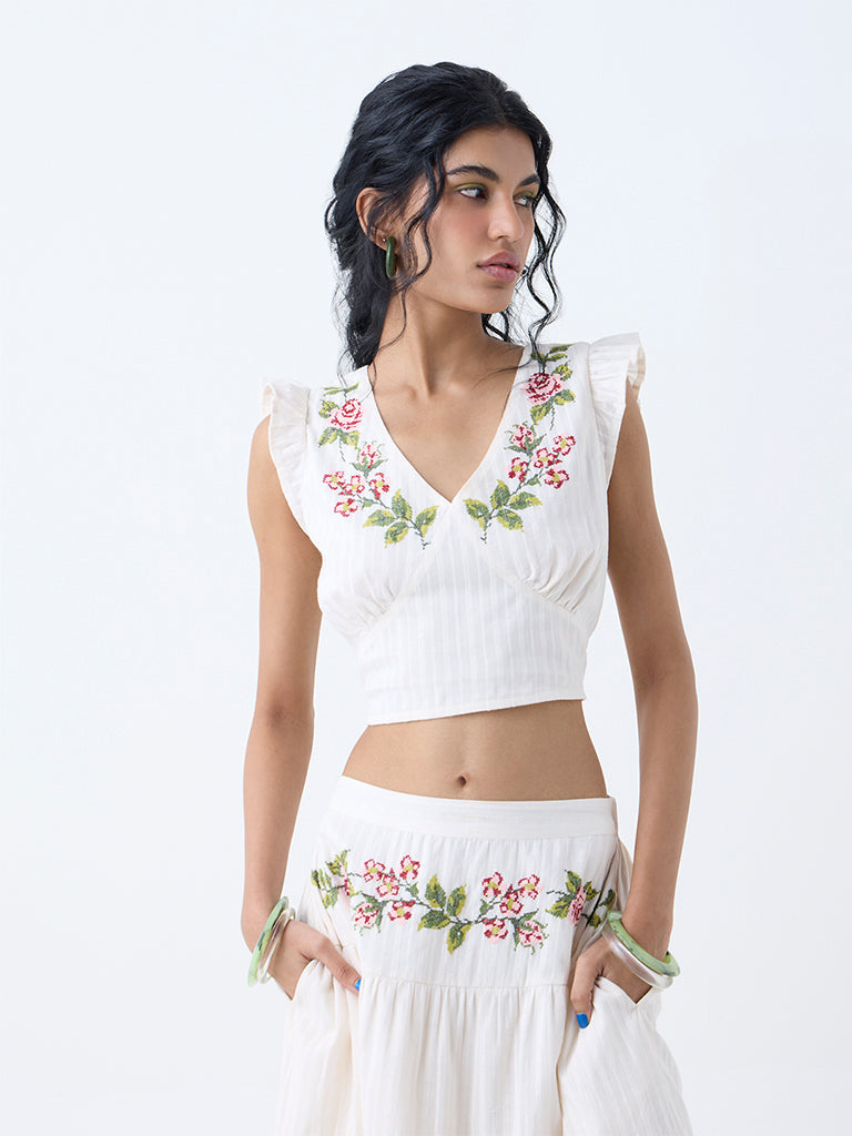 Bombay Paisley Off-White Embroidered Cotton Top