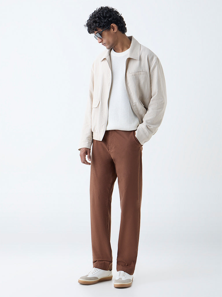 Ascot Brown Relaxed-Fit Mid-Rise Cotton-Blend Trousers