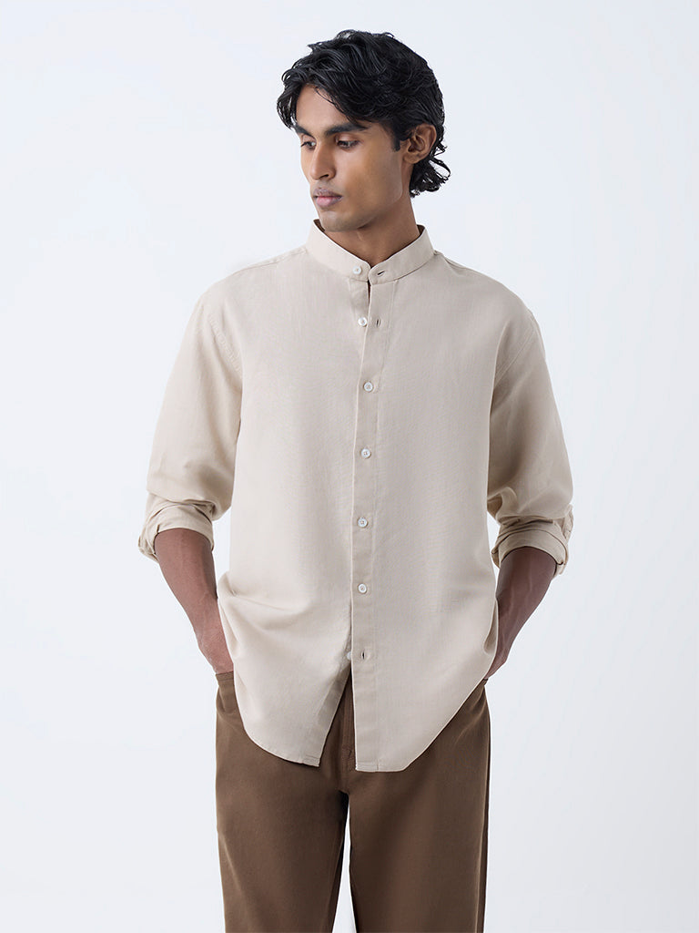 Ascot Beige Solid Relaxed-Fit Linen-Blend Shirt