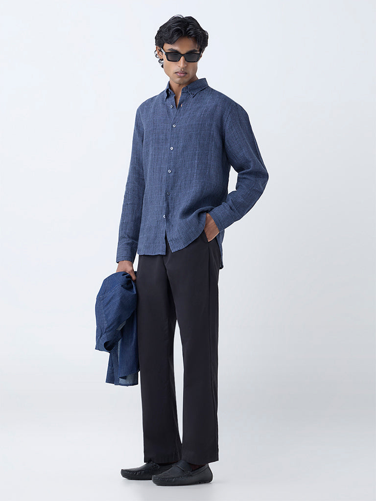 Ascot Dark Blue Checks Patterned Relaxed-Fit Linen Shirt