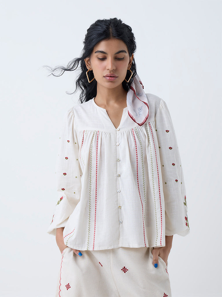 Bombay Paisley Off-White Embroidered Cotton Top