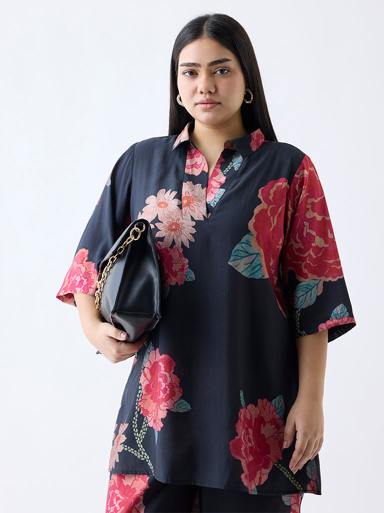 Diza Black Floral Pattern High-Low Kurti