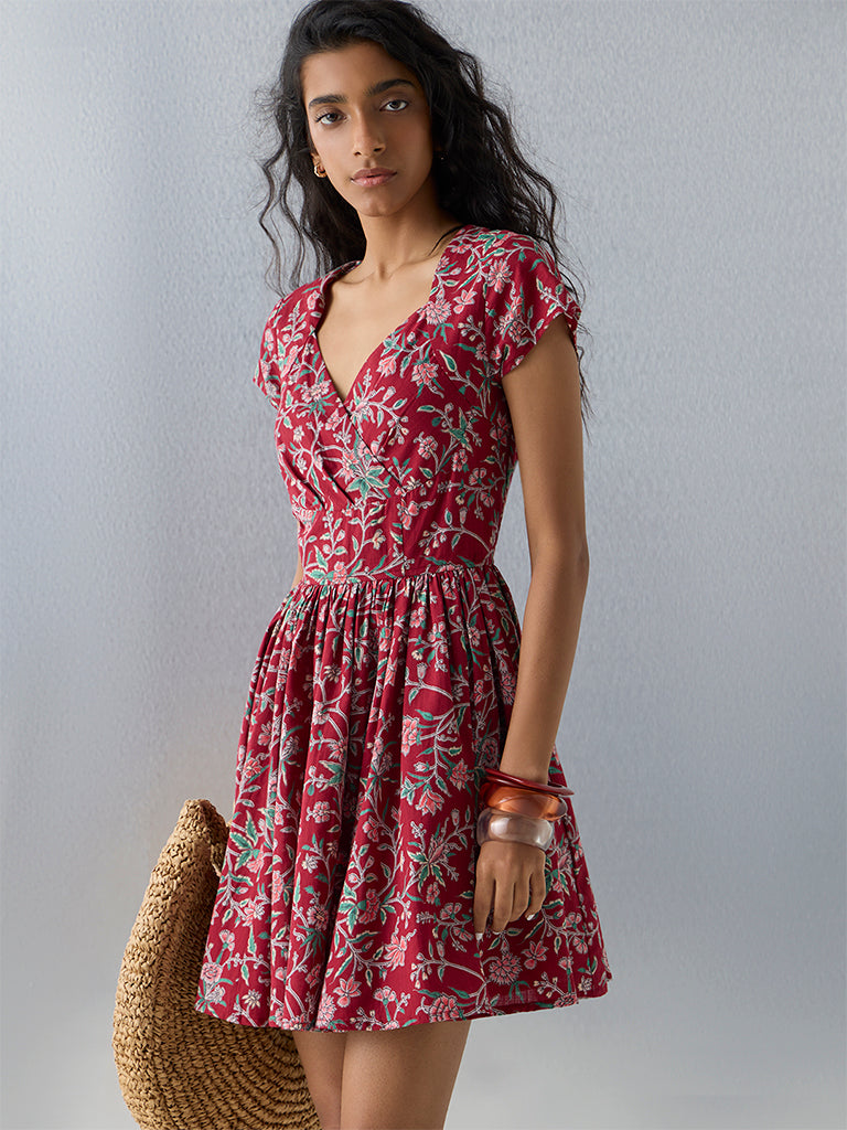 Bombay Paisley Red Floral Pattern Cotton A-Line Dress