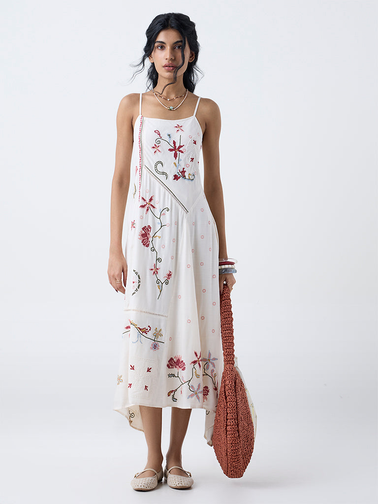 Bombay Paisley Off-White Embroidered A-Line Dress
