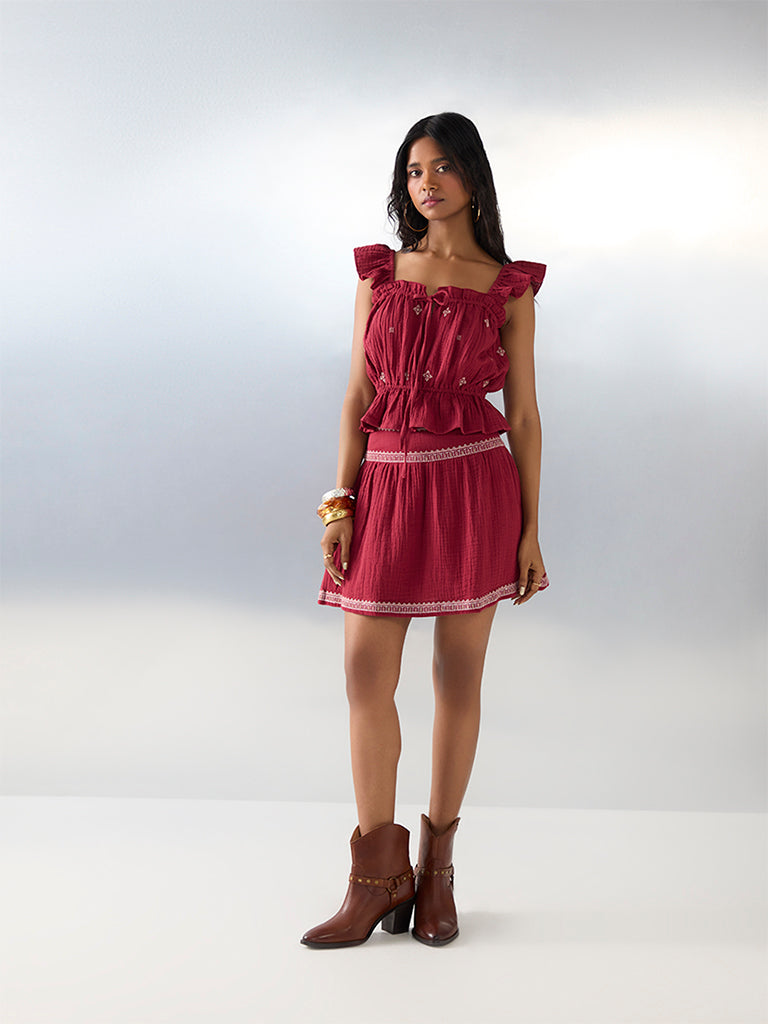 Bombay Paisley Red Embroidered Cotton Top