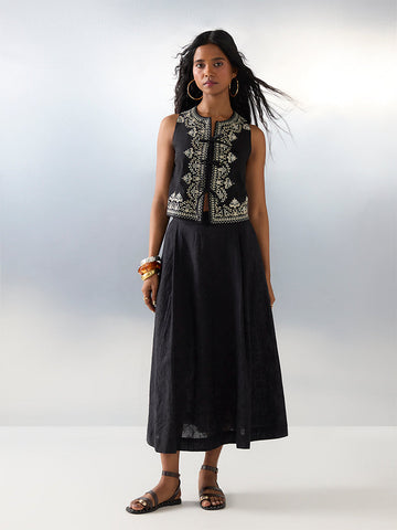 Bombay Paisley Black Floral Embroidered Cotton-Blend Top