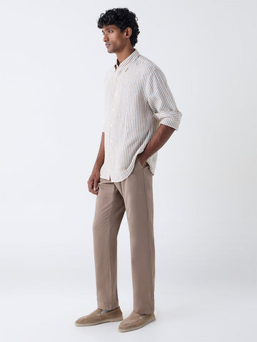 Ascot Beige Striped Relaxed-Fit Linen Shirt
