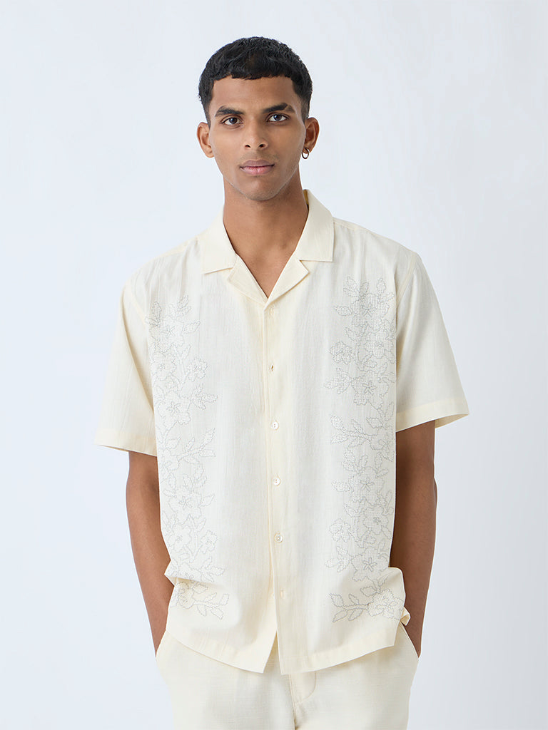 ETA Cream Embroidered Relaxed-Fit Cotton-Blend Shirt