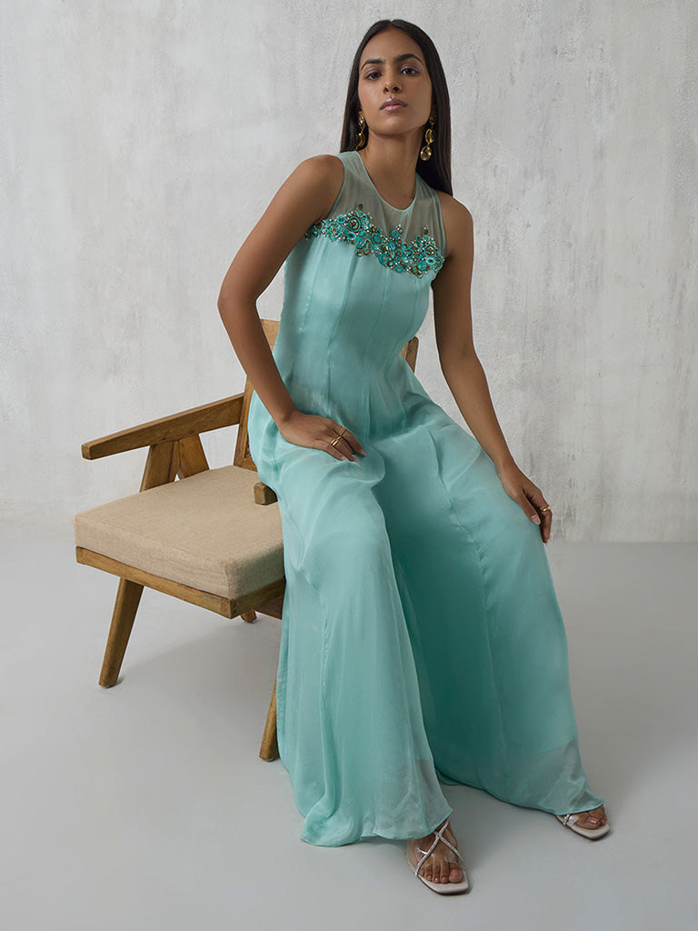 Embroidered Blue Jumpsuit