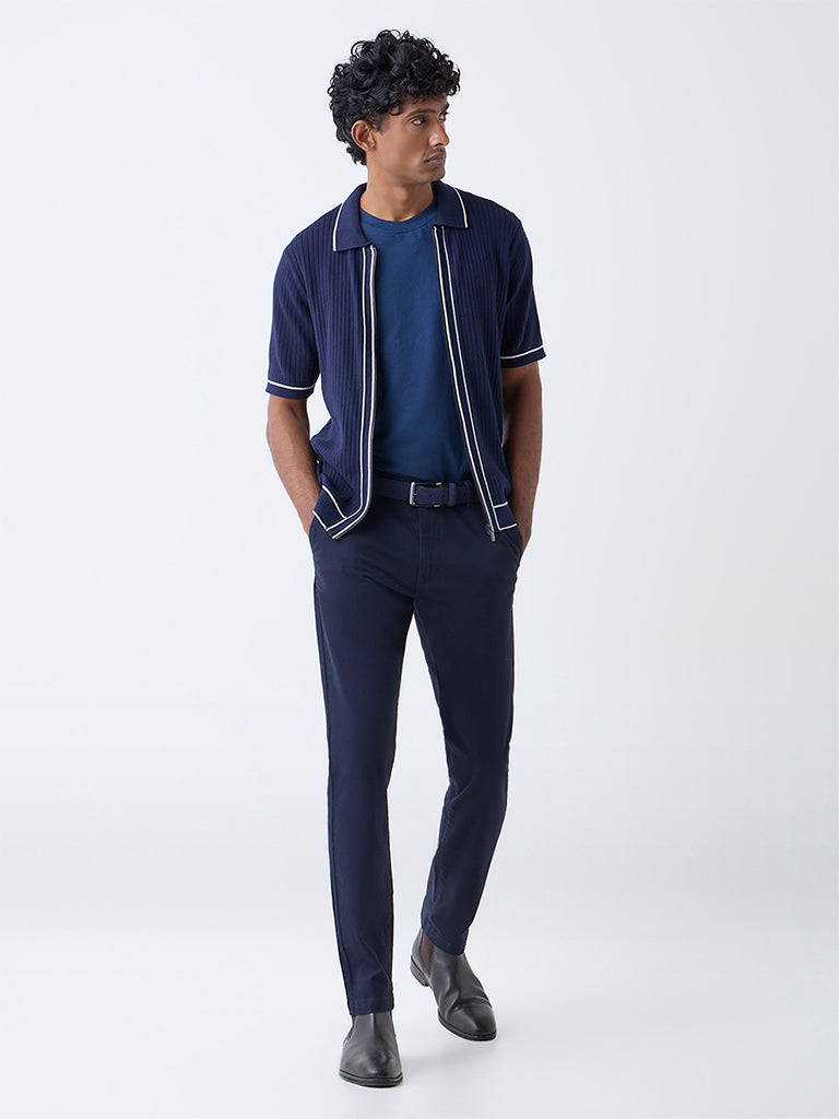 Ascot Navy Ribbed-Textured Relaxed-Fit Cotton-Blend T-Shirt